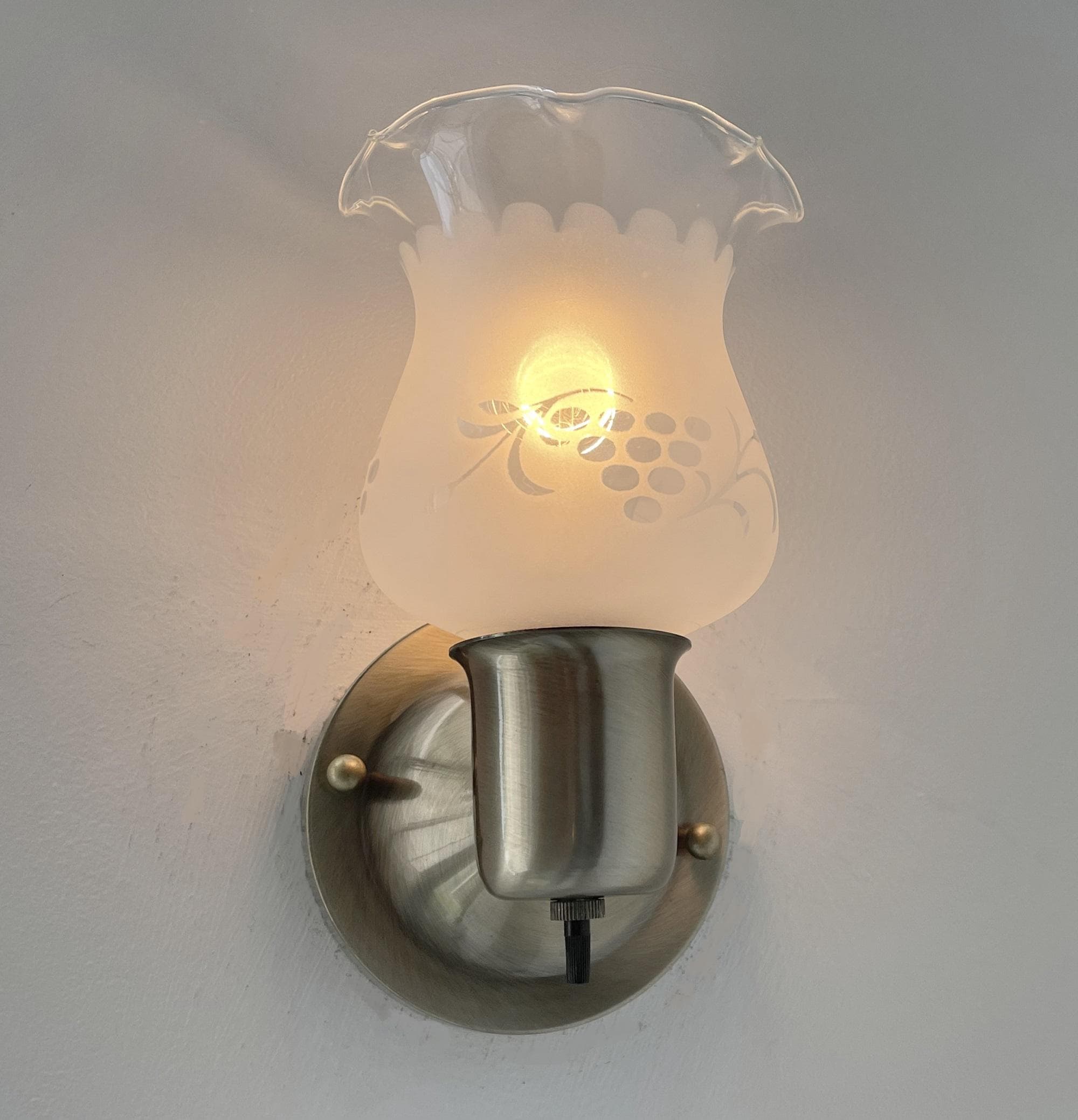 Etched Antique 1960's Glass Wall Sconce Light Fixture with On/Off Switch Antique Brass