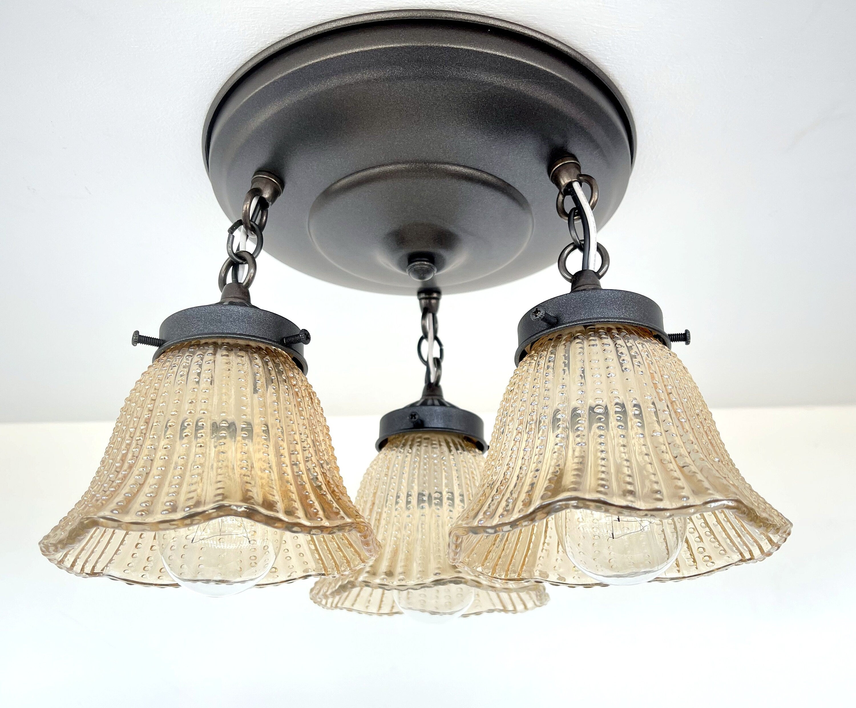 Antique Amber 1930's Holophane Hobnail Glass Ceiling Light