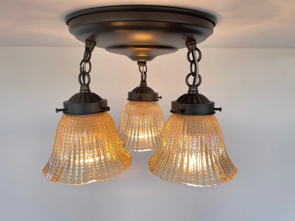Antique Amber 1930's Holophane Hobnail Glass Ceiling Light