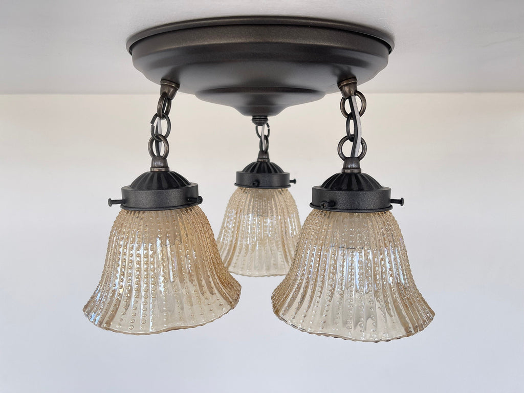 Antique Amber 1930's Holophane Hobnail Glass Ceiling Light