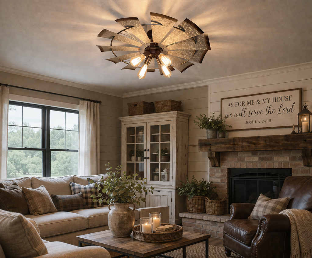 Farmhouse Windmill STATIONARY Ceiling Light | 30" Flush Mount