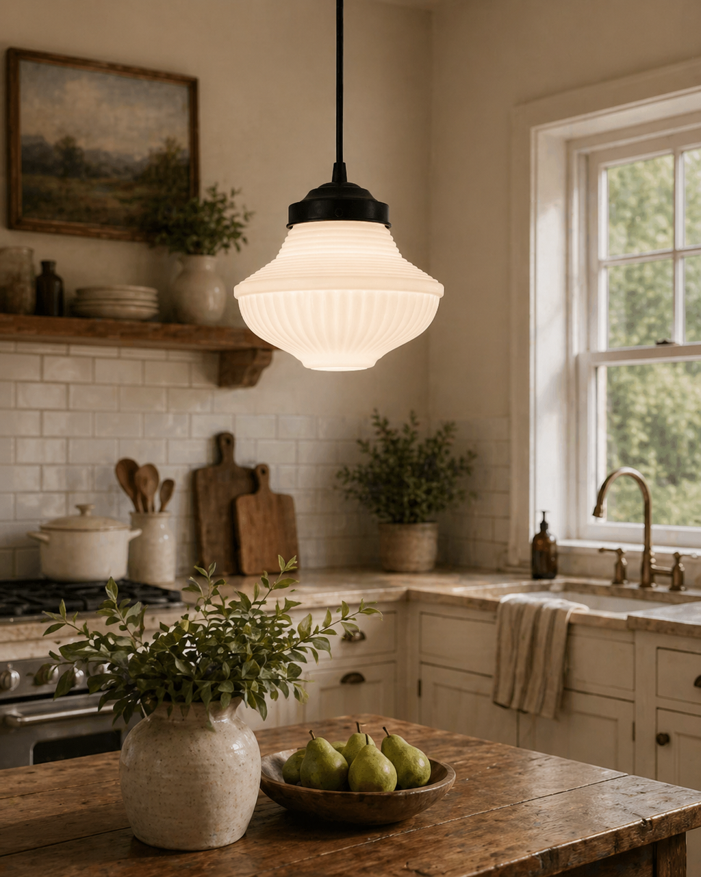 Vintage Traditional Milk Glass Pendant Light