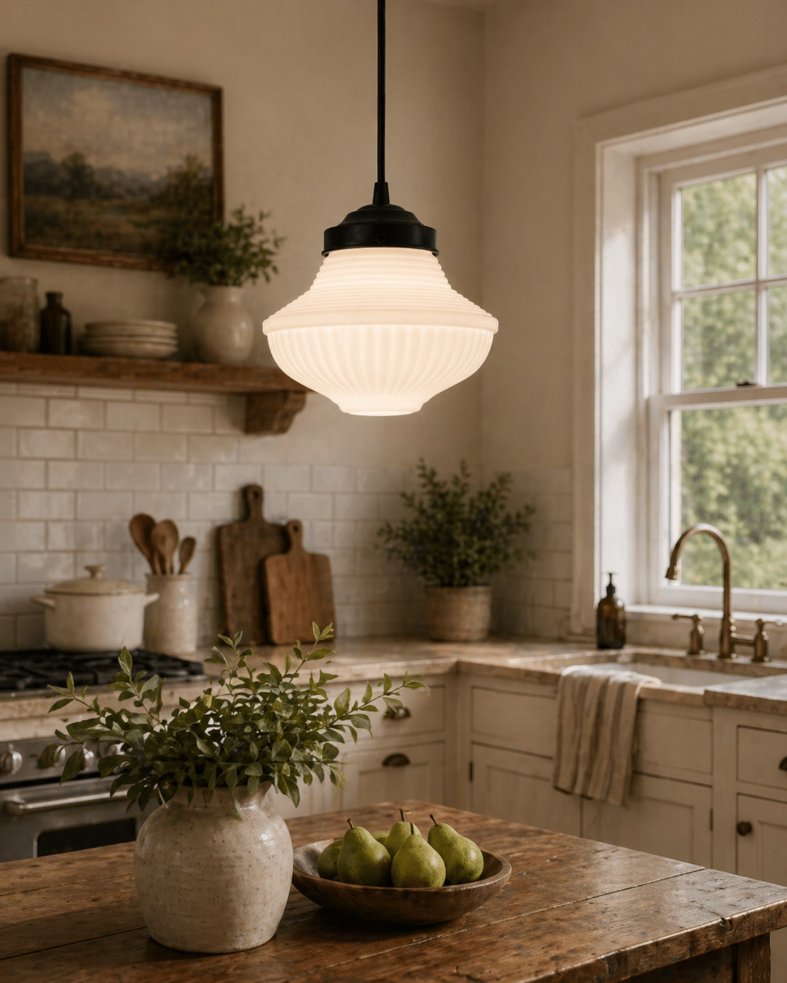 Vintage Traditional Milk Glass Pendant Light