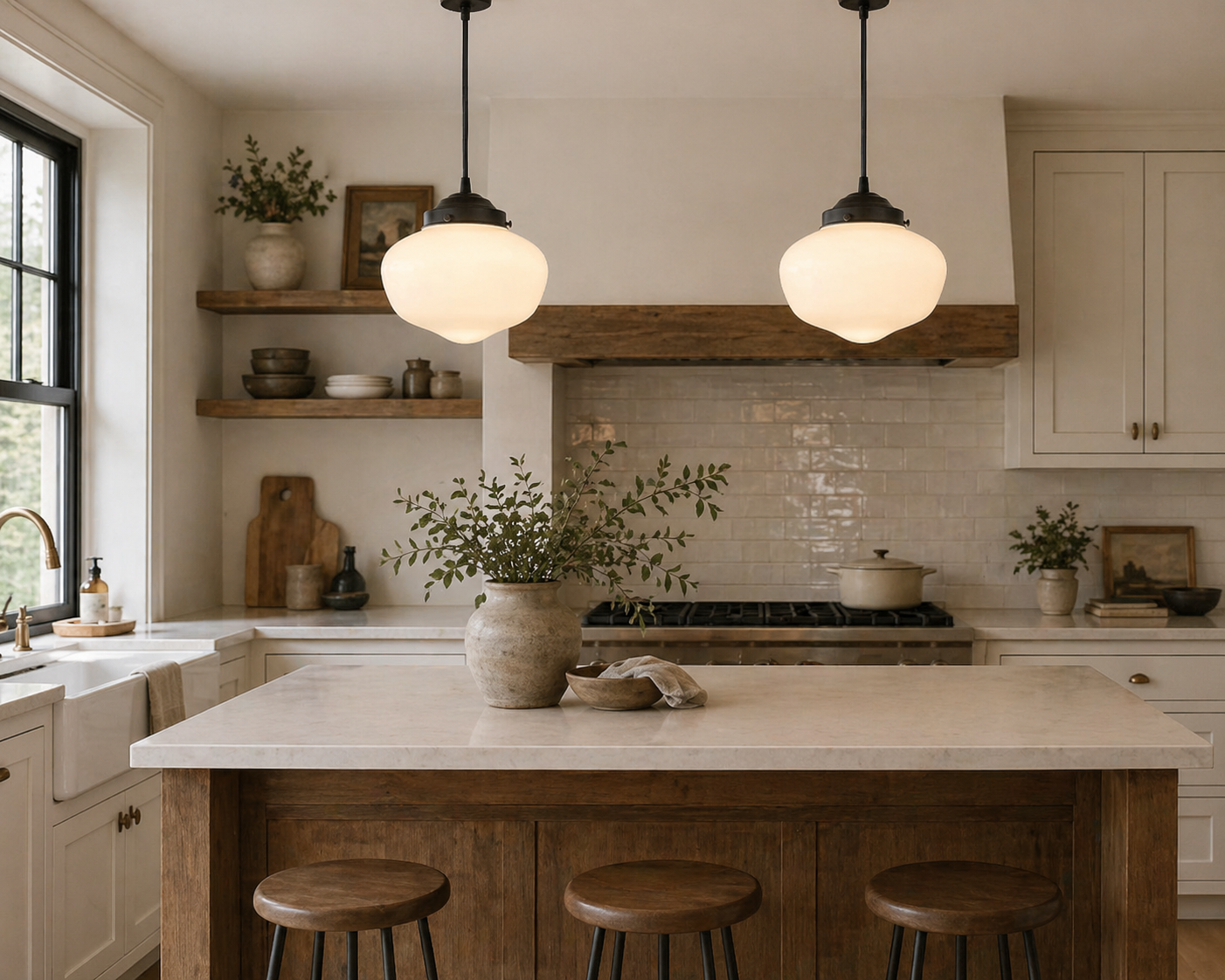 Modern Milk Glass Schoolhouse Pendant Light 8in
