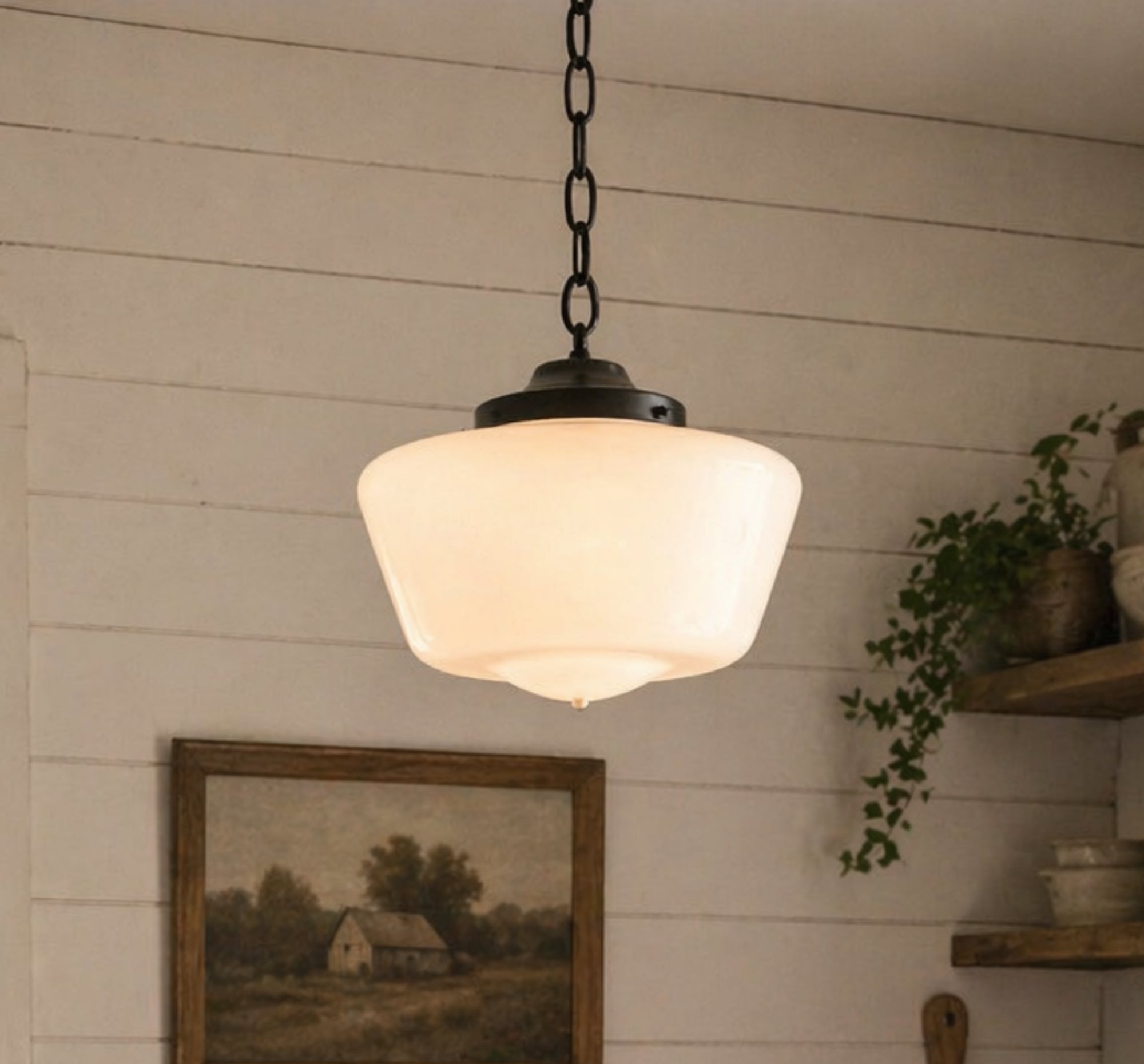 Large Antique Milk Glass Schoolhouse Pendant Light 12"