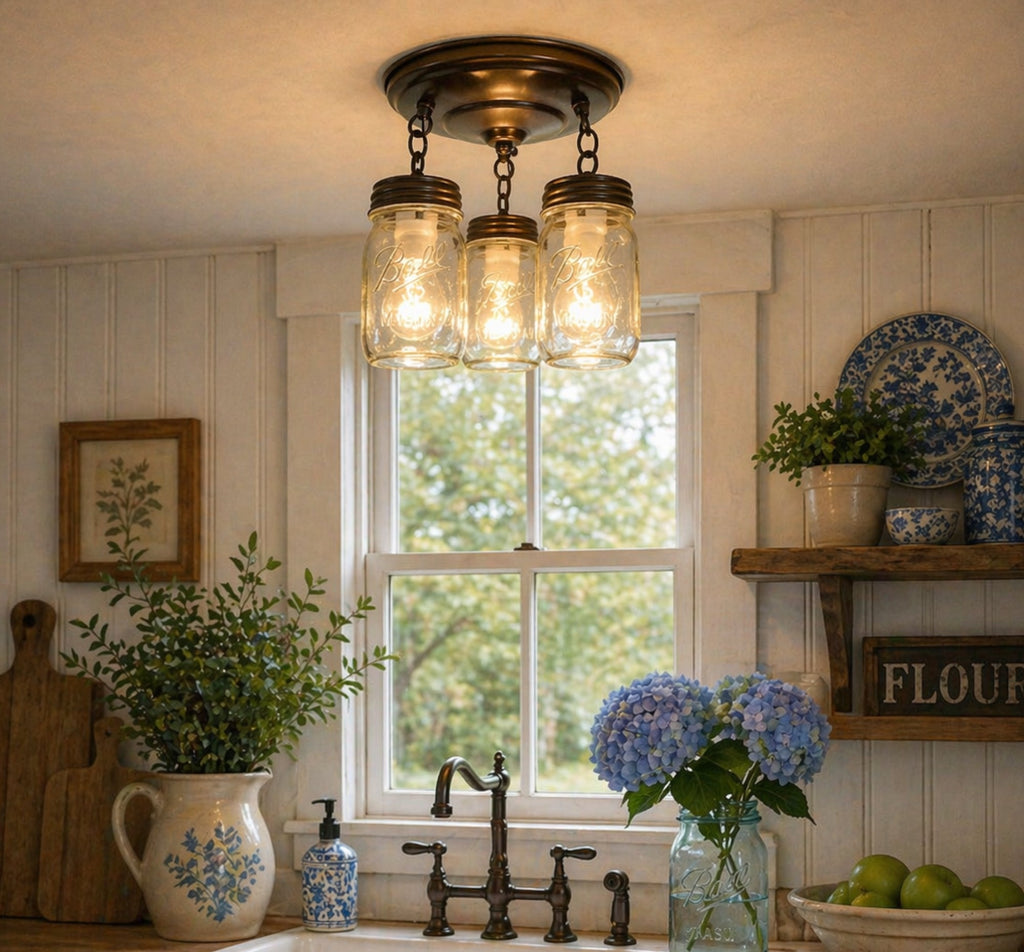 Mason Jar Quart Ceiling Trio Light