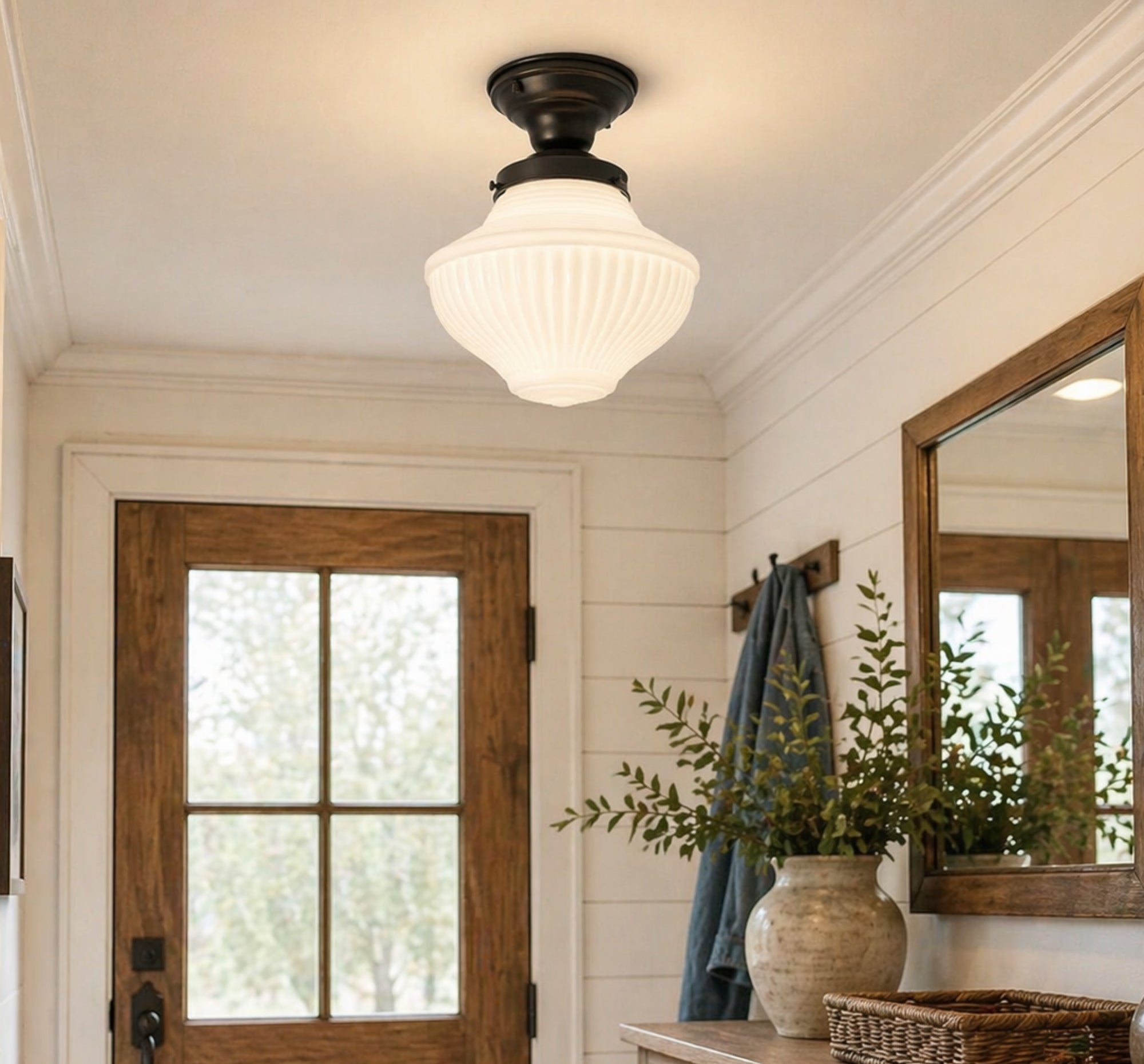 Traditional Milk Glass Semi-Flush Ceiling Light