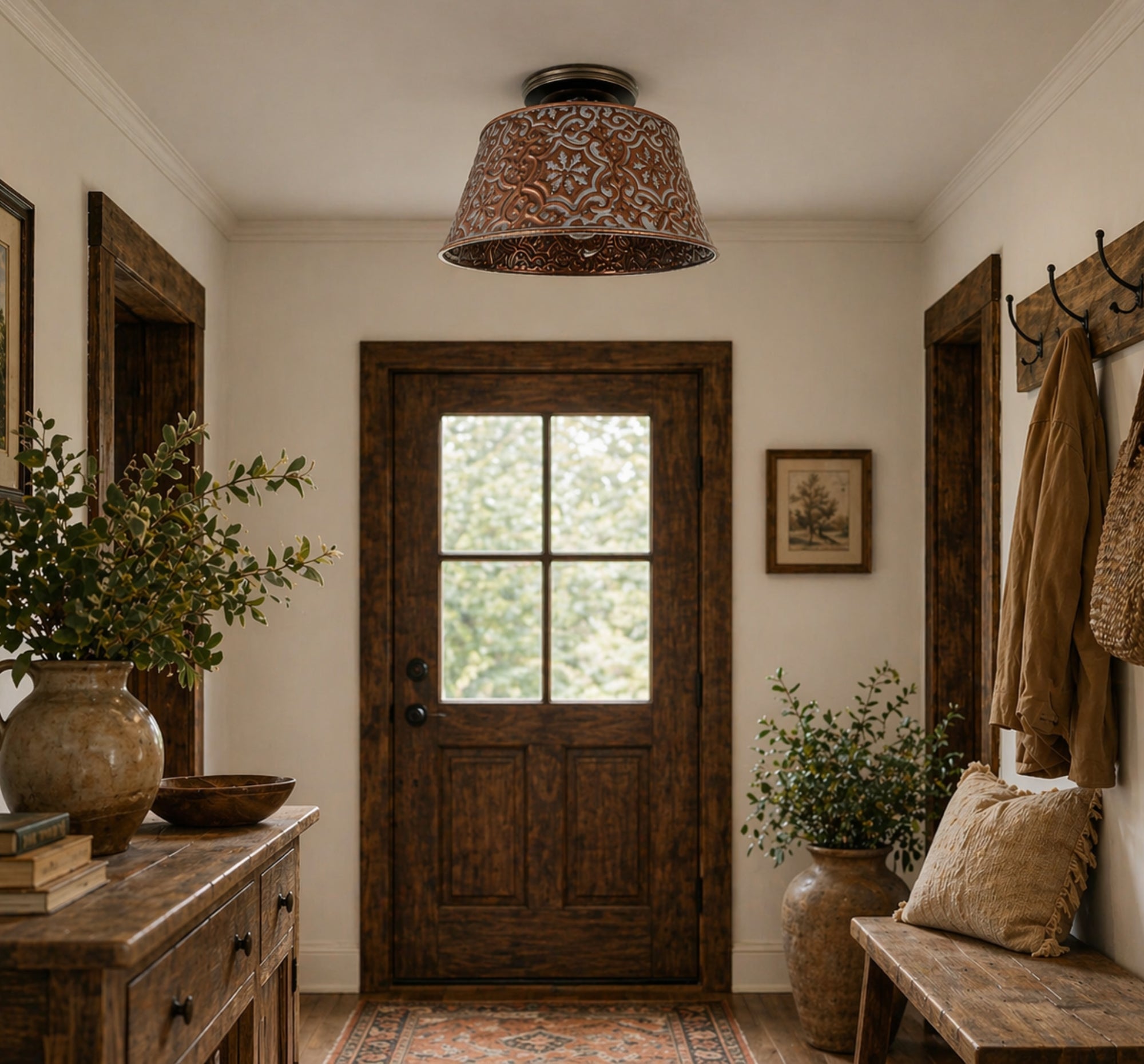 Ornate Copper Farmhouse Ceiling Light 4-Bulb Flush Mount