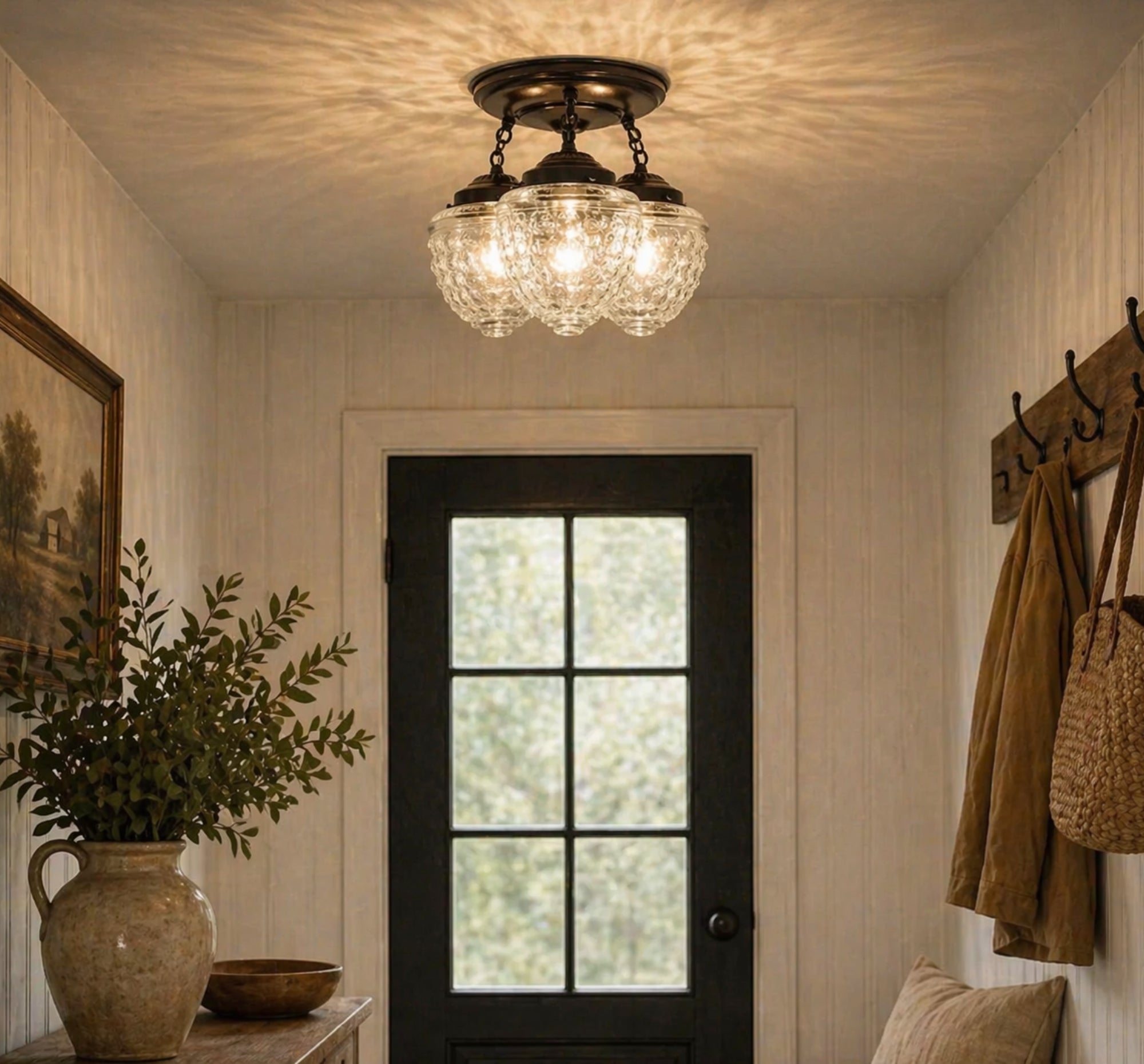 Antique Acorn Glass Ceiling Light 3-Light Chain Trio