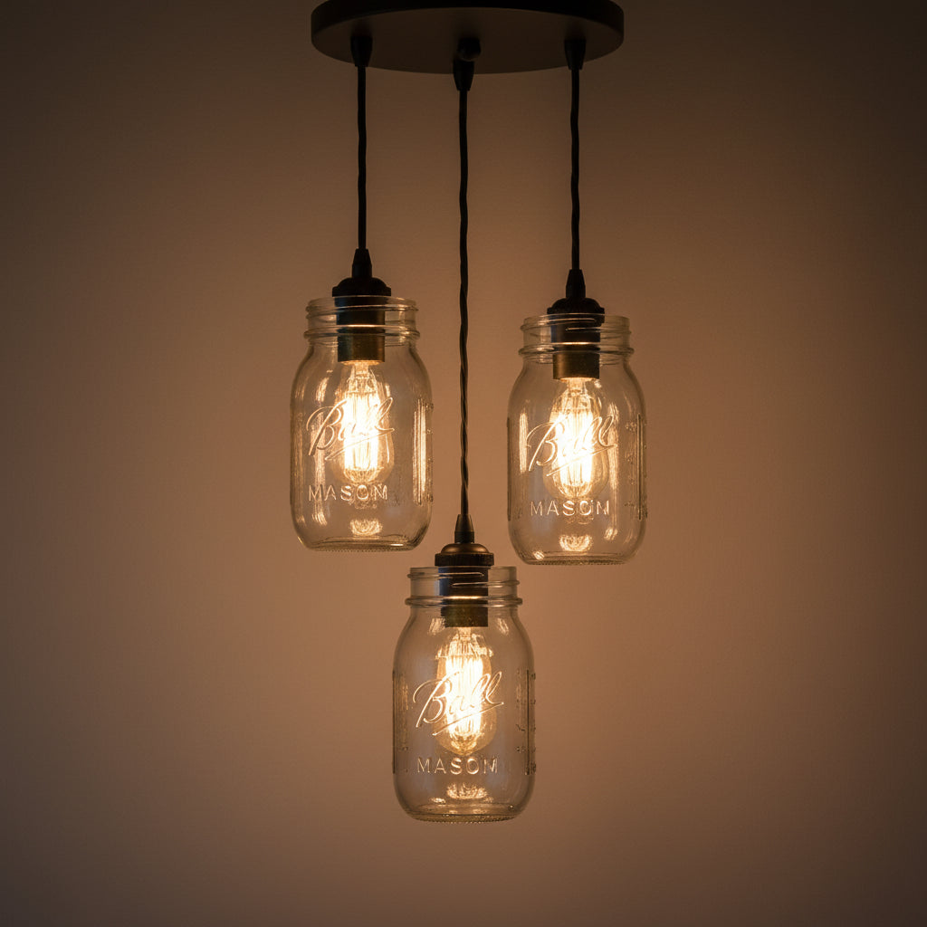 Rustic Mason Jar Chandelier Light Trio