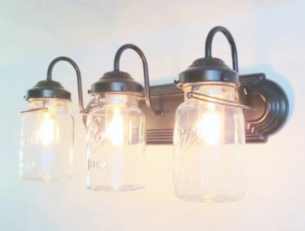Rustic Vintage Mason Jar Bathroom Light Trio