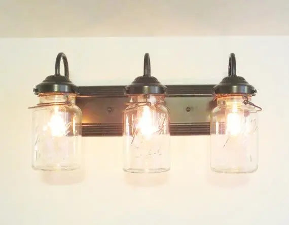 Rustic Vintage Mason Jar Bathroom Light Trio