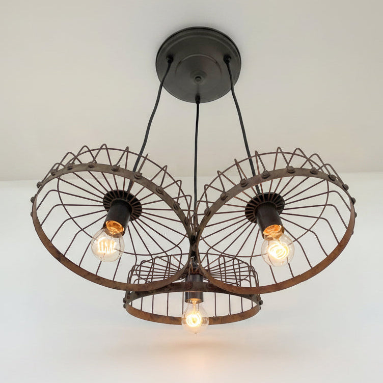 Rustic Wagon Wheel Industrial Three‑Light Chandelier