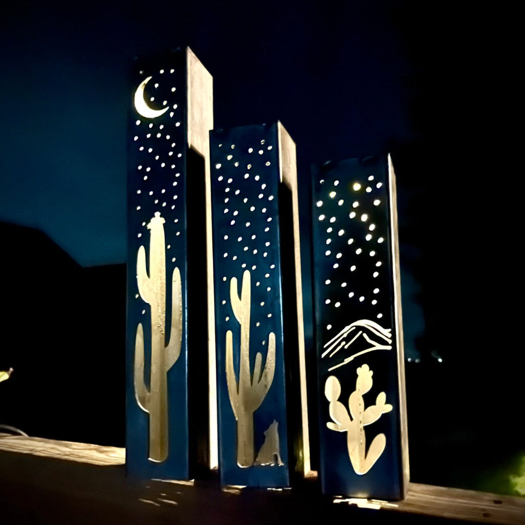 Desert Night Hollow Cactus Solar Luminary Pillars