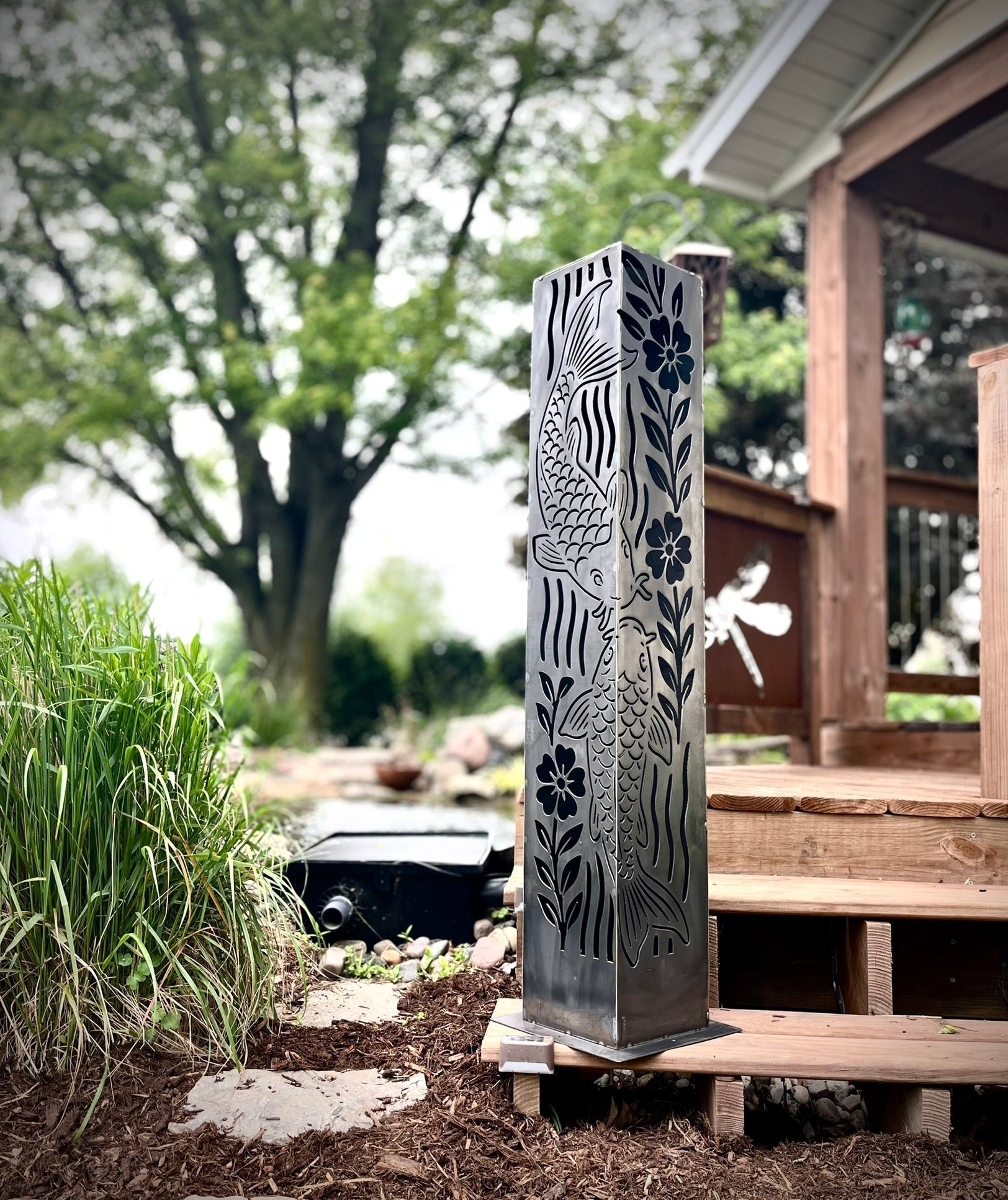 Floral Koi Steel Luminary Pillar