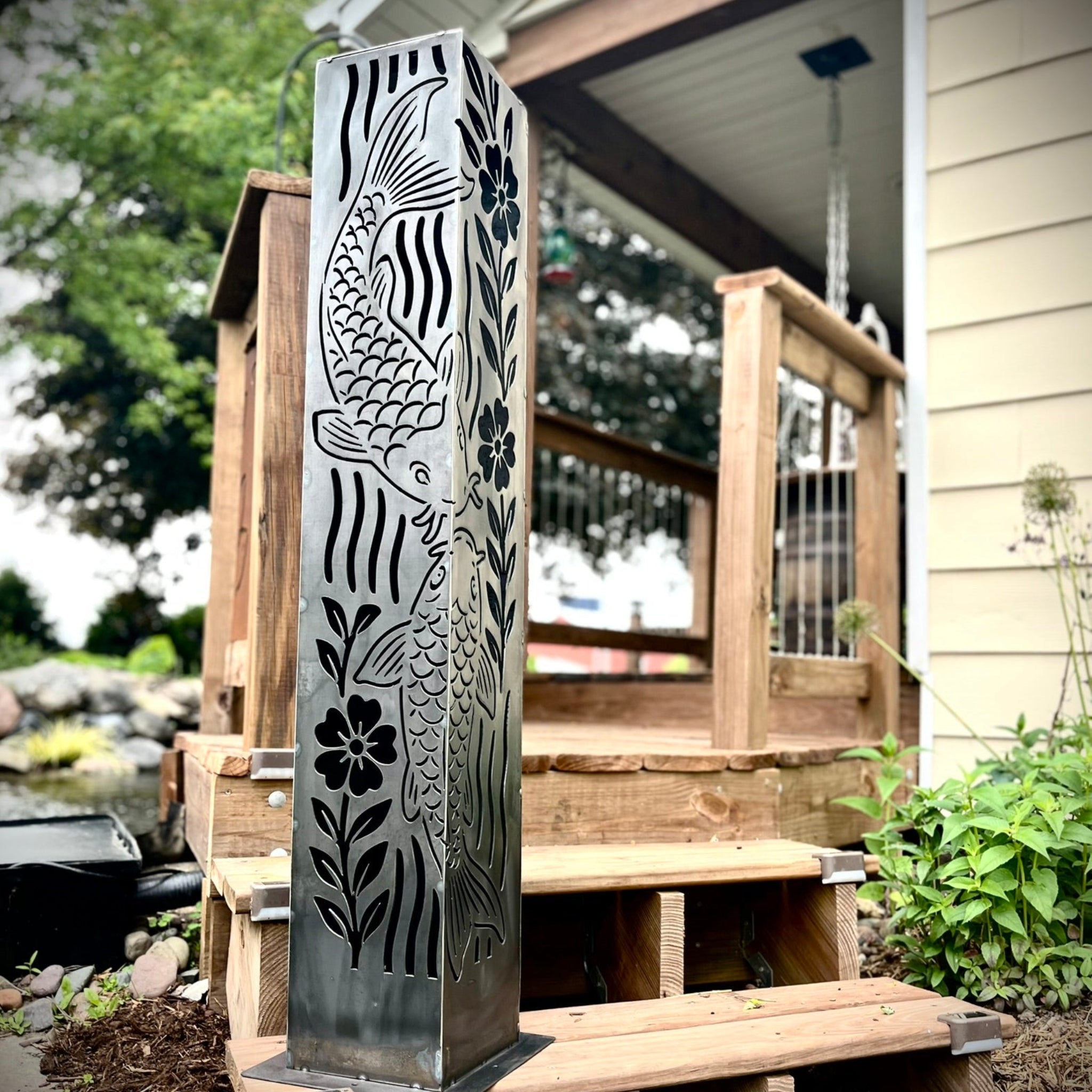 Floral Koi Steel Luminary Pillar