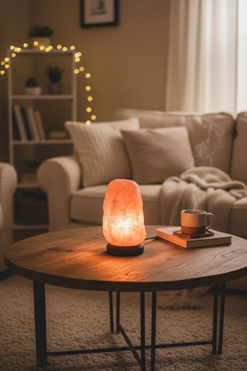 A glowing pink Himalayan salt lamp on a round dark wooden base, shown against a gray gradient background with a power cord extending to the right.