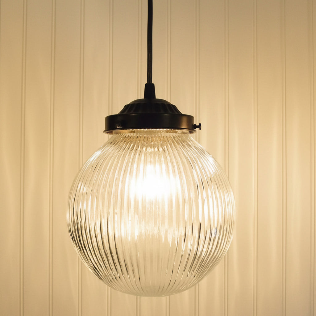 Factory Antique Large Glass Holophane Pendant Light