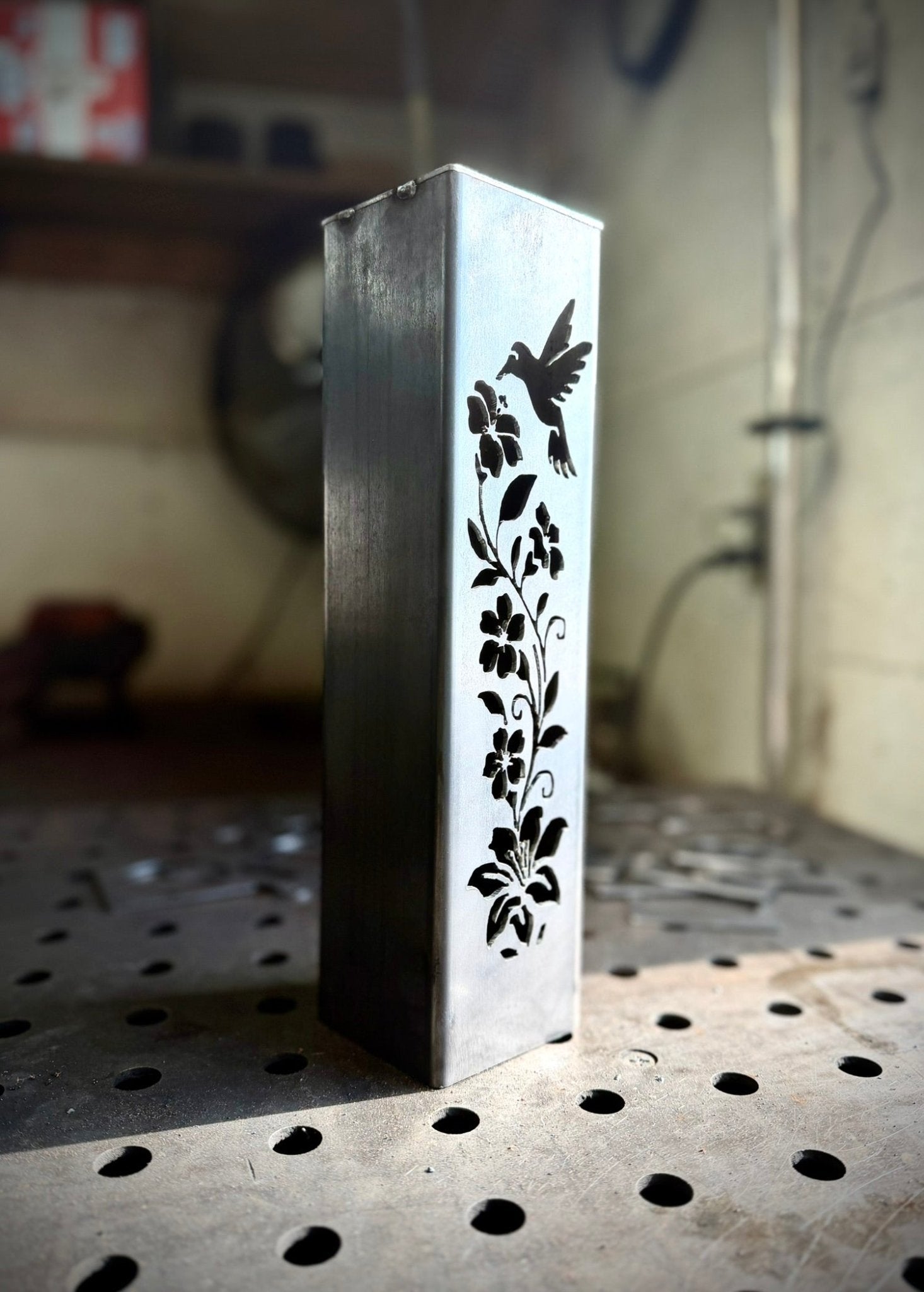 Hummingbird Garden Glow Steel Solar Luminary Pillar