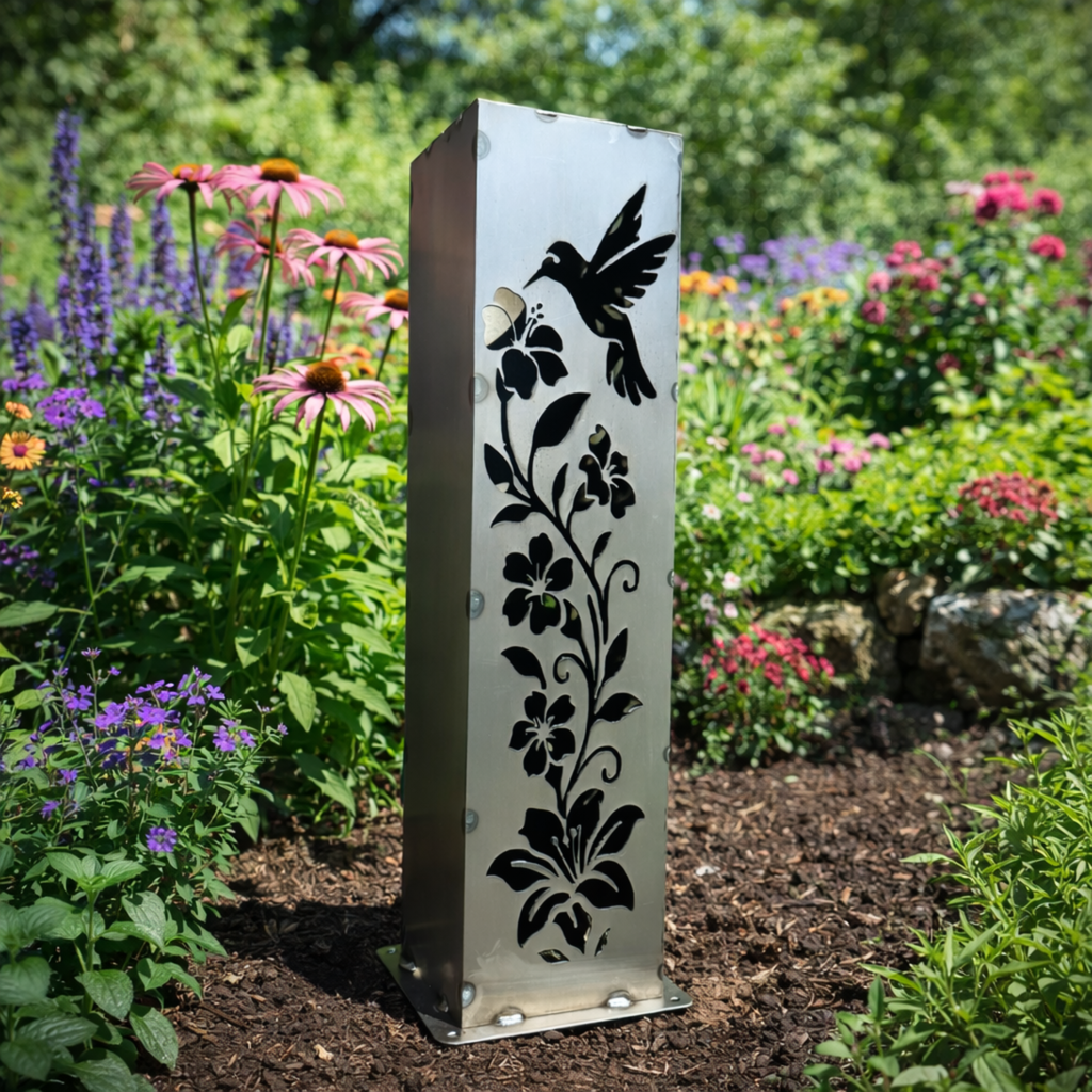 Hummingbird Garden Glow Steel Solar Luminary Pillar