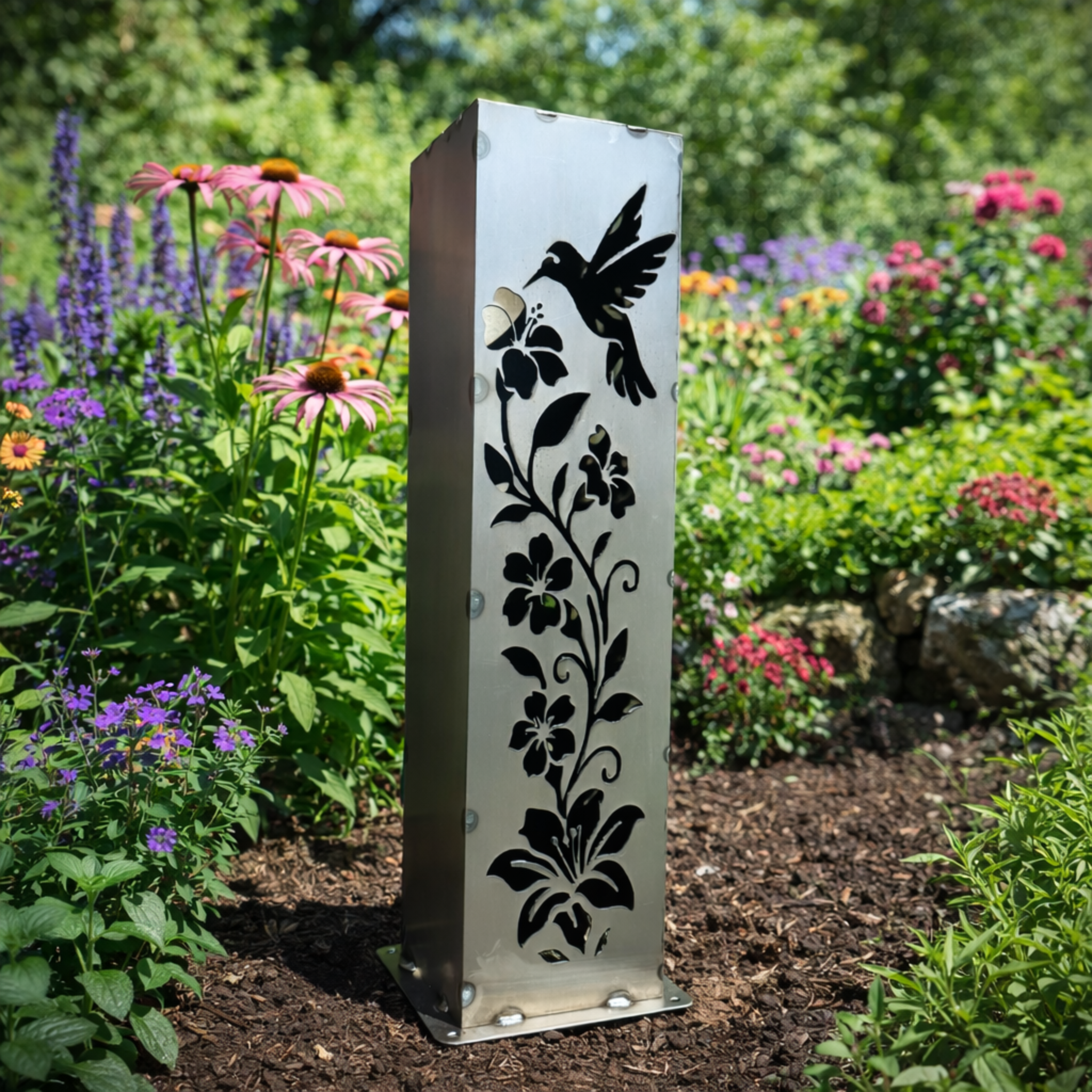 Hummingbird Garden Glow Steel Solar Luminary Pillar