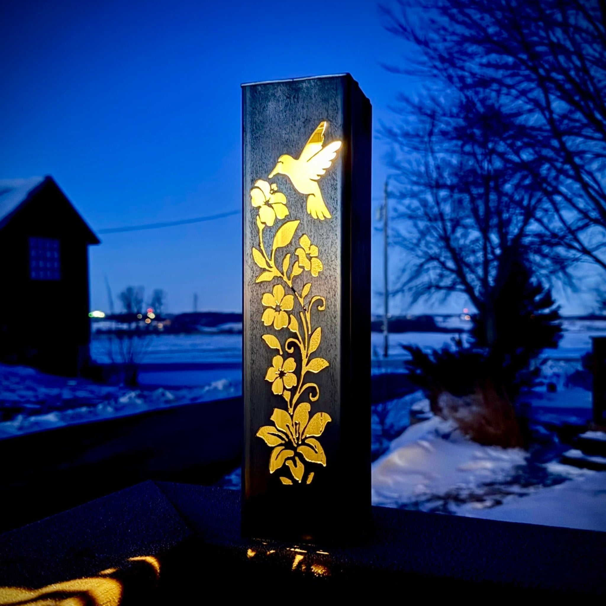 Hummingbird Garden Glow Steel Solar Luminary Pillar