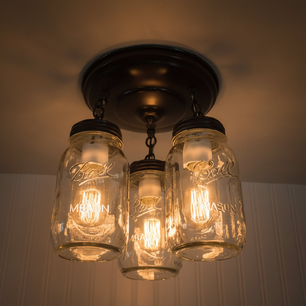 Mason Jar Quart Ceiling Trio Light