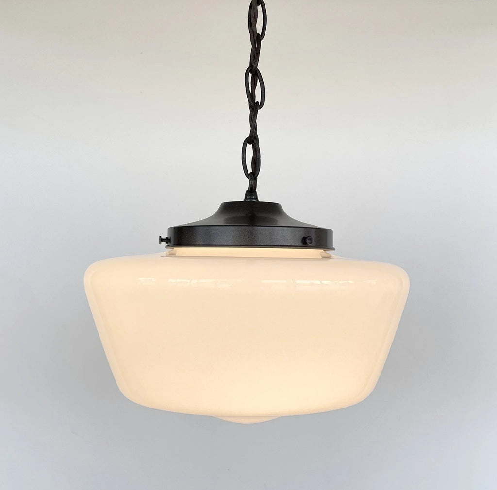 Large Antique Milk Glass Schoolhouse Pendant Light 12"