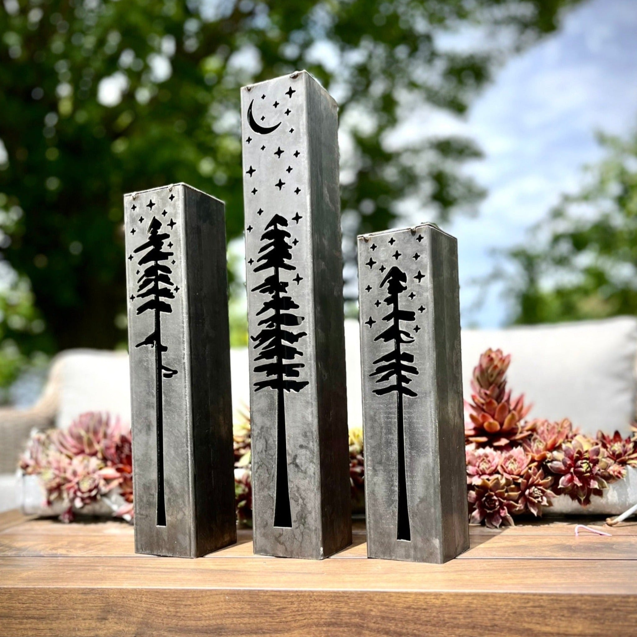 Pine Tree Night Sky Solar Luminary Pillars