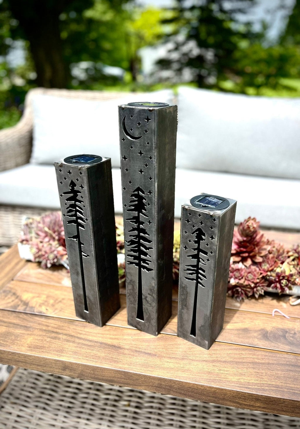 Pine Tree Night Sky Solar Luminary Pillars