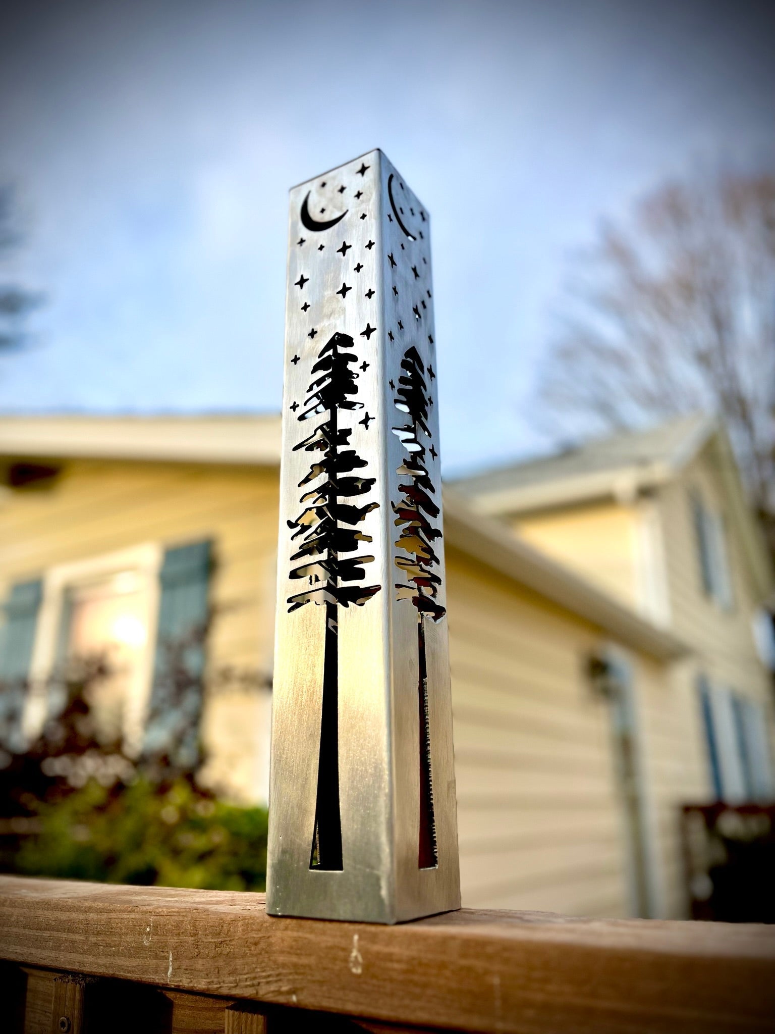 4-Sided Night Sky Pine Tree Solar Pillar