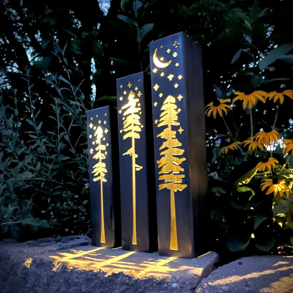 Pine Tree Night Sky Solar Luminary Pillars