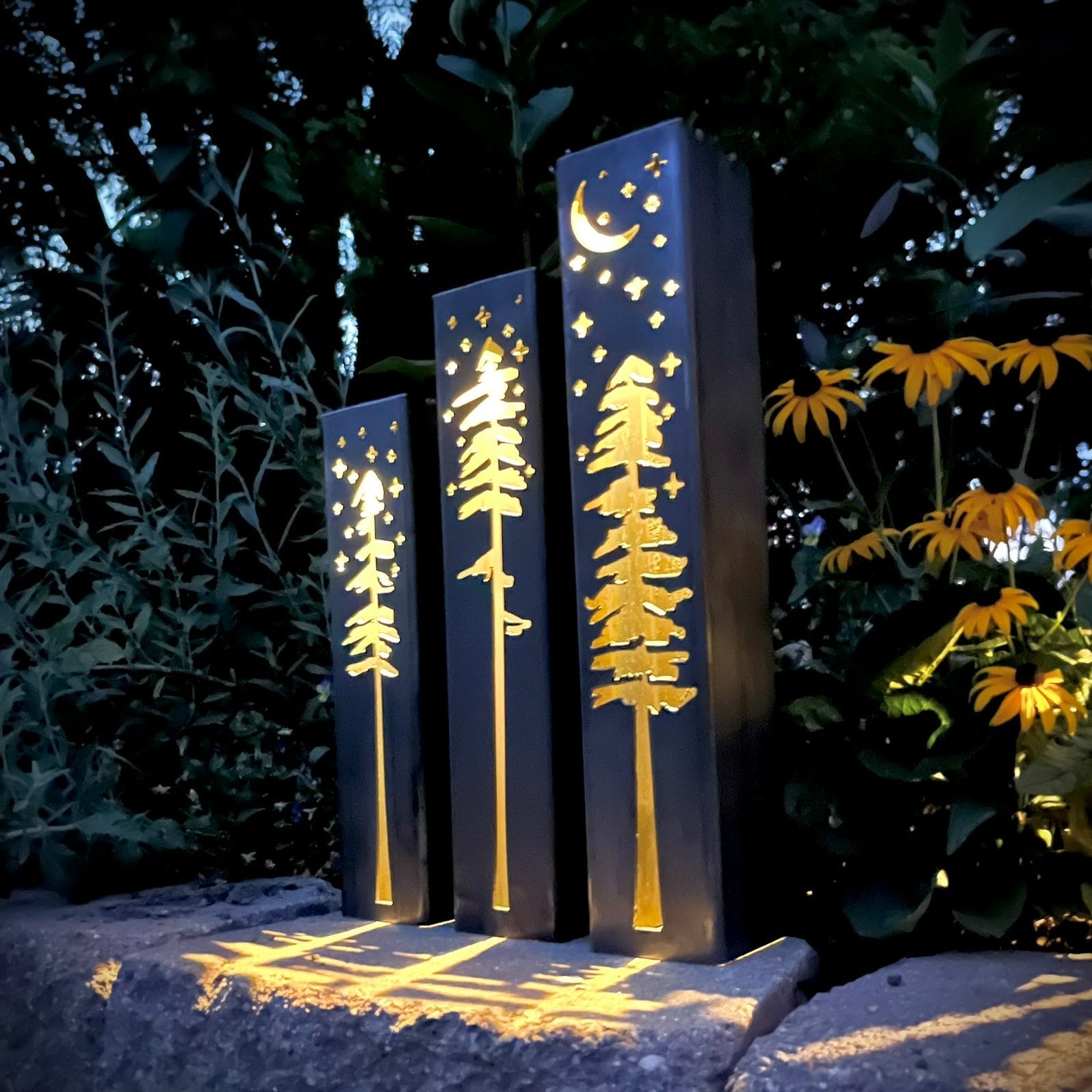 Pine Tree Night Sky Solar Luminary Pillars