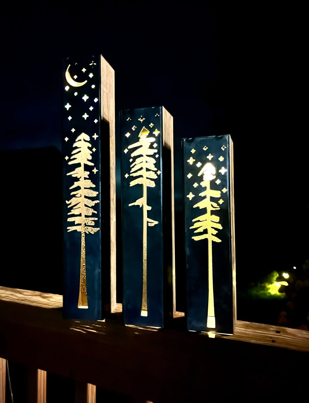 Pine Tree Night Sky Solar Luminary Pillars