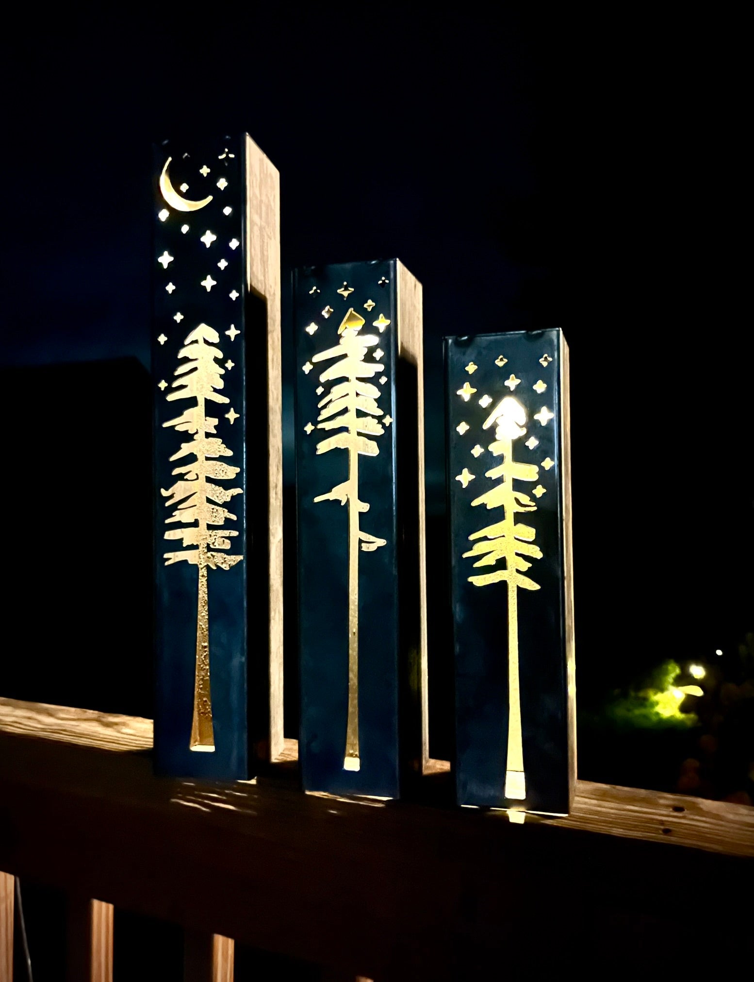 Pine Tree Night Sky Solar Luminary Pillars