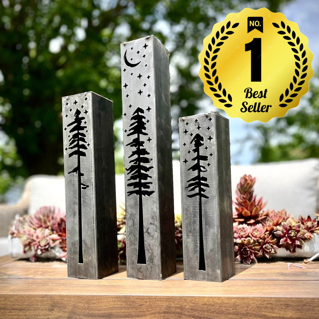 Pine Tree Night Sky Solar Luminary Pillars