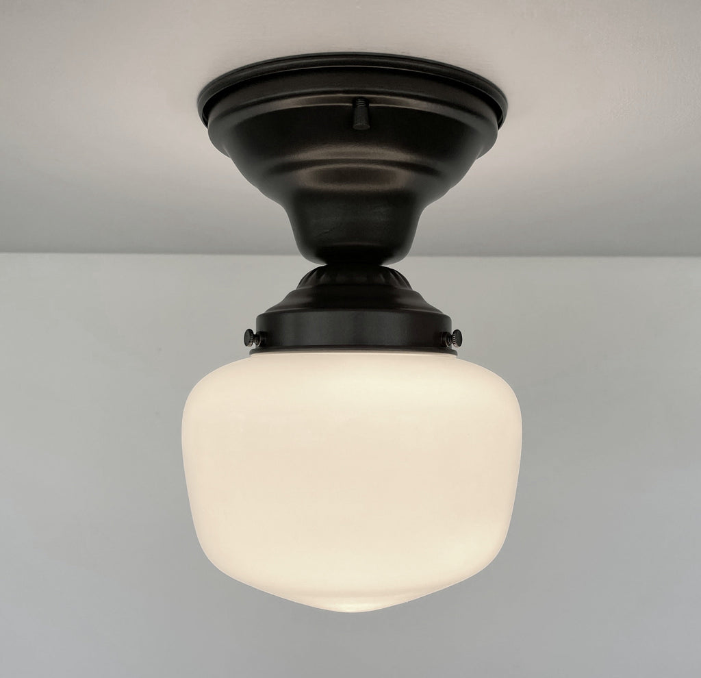 Antique Opal Simple Milk Glass Schoolhouse Ceiling Light 6" Semi-Flush