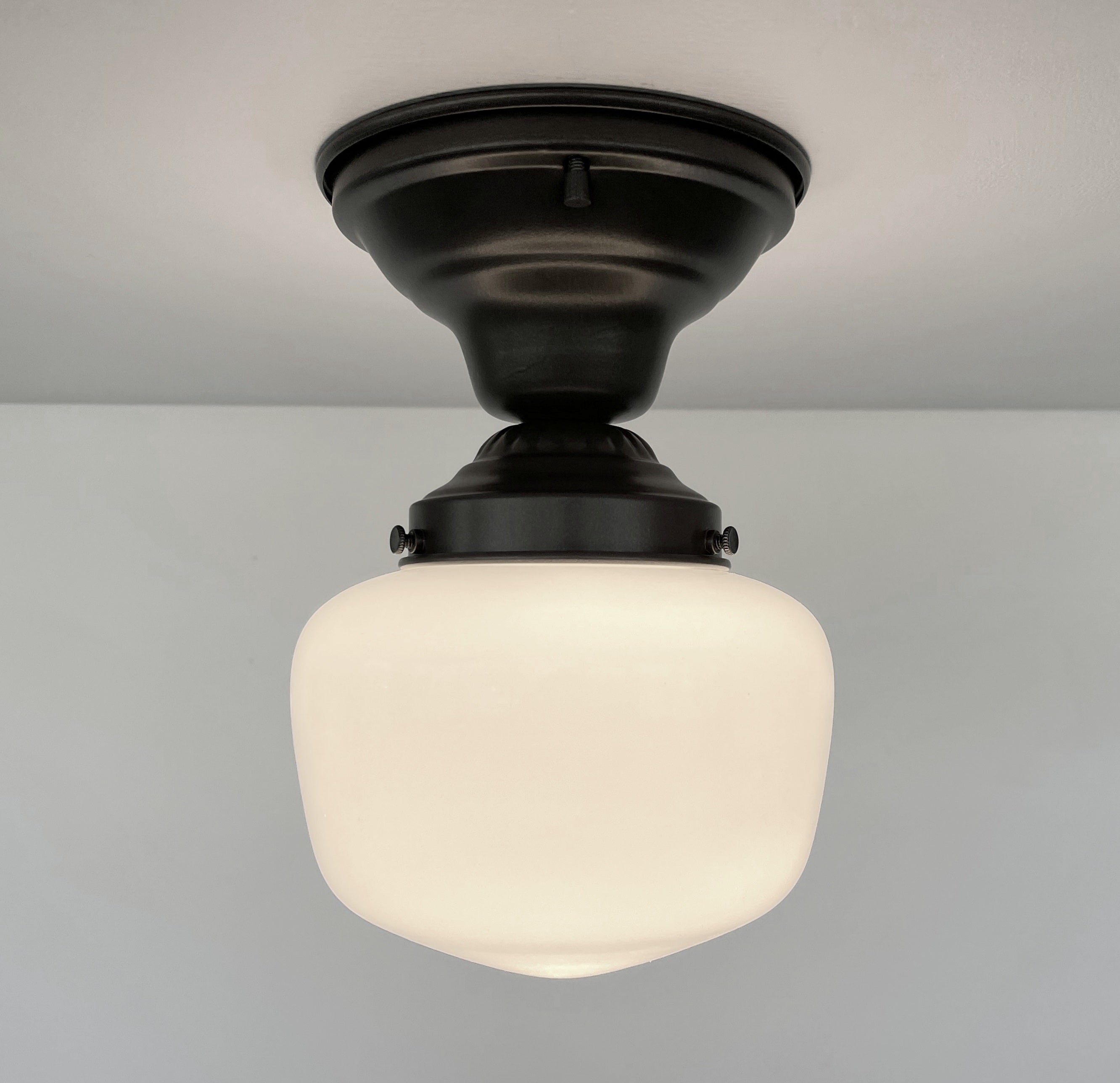 Antique Opal Simple Milk Glass Schoolhouse Ceiling Light 6" Semi-Flush