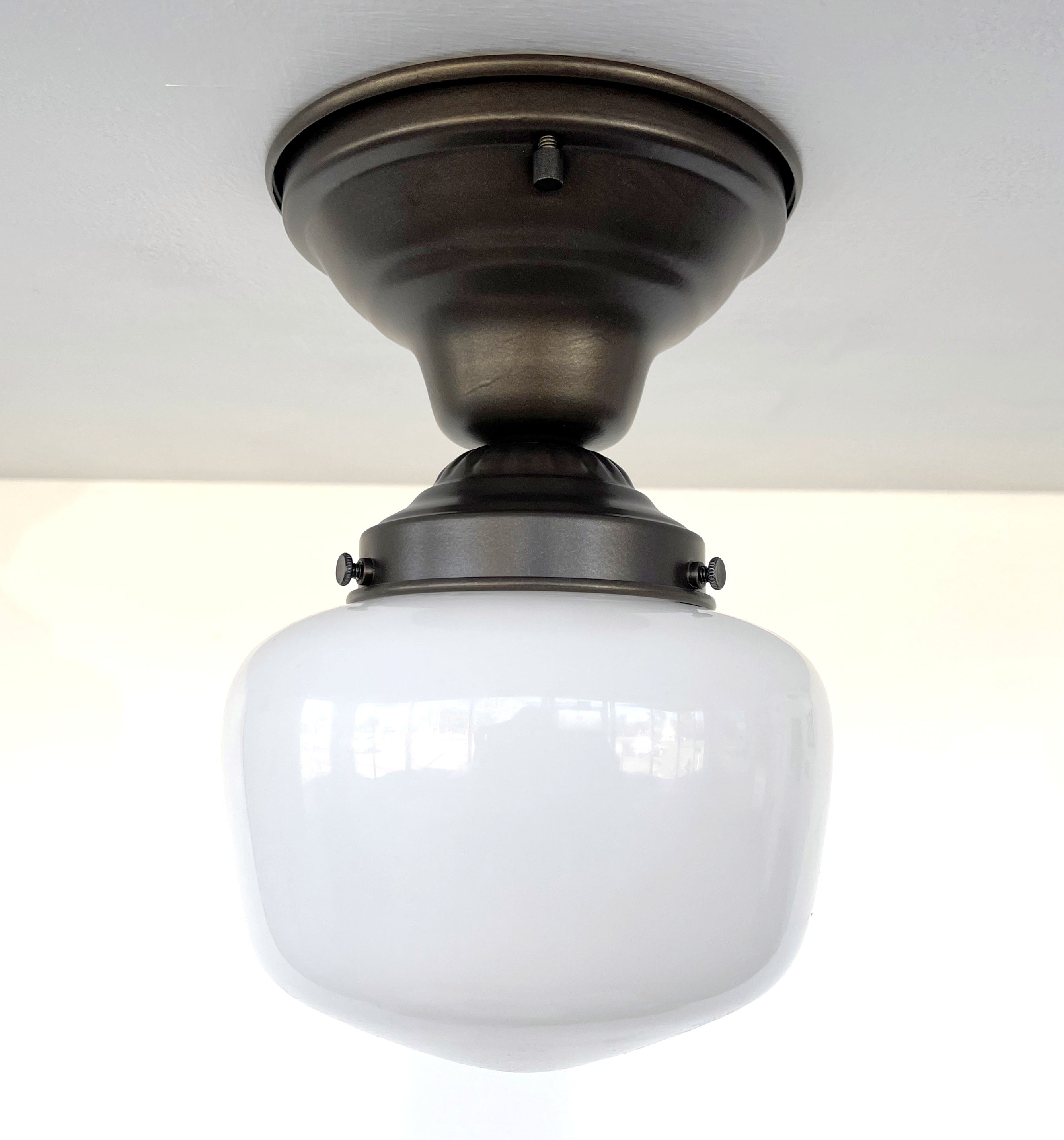 Antique Opal Simple Milk Glass Schoolhouse Ceiling Light 6" Semi-Flush