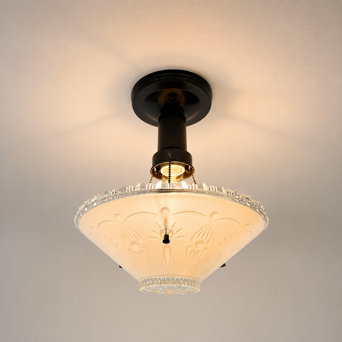 1930’s Peach Frosted Art Deco Suspended Chandelier Ceiling Light